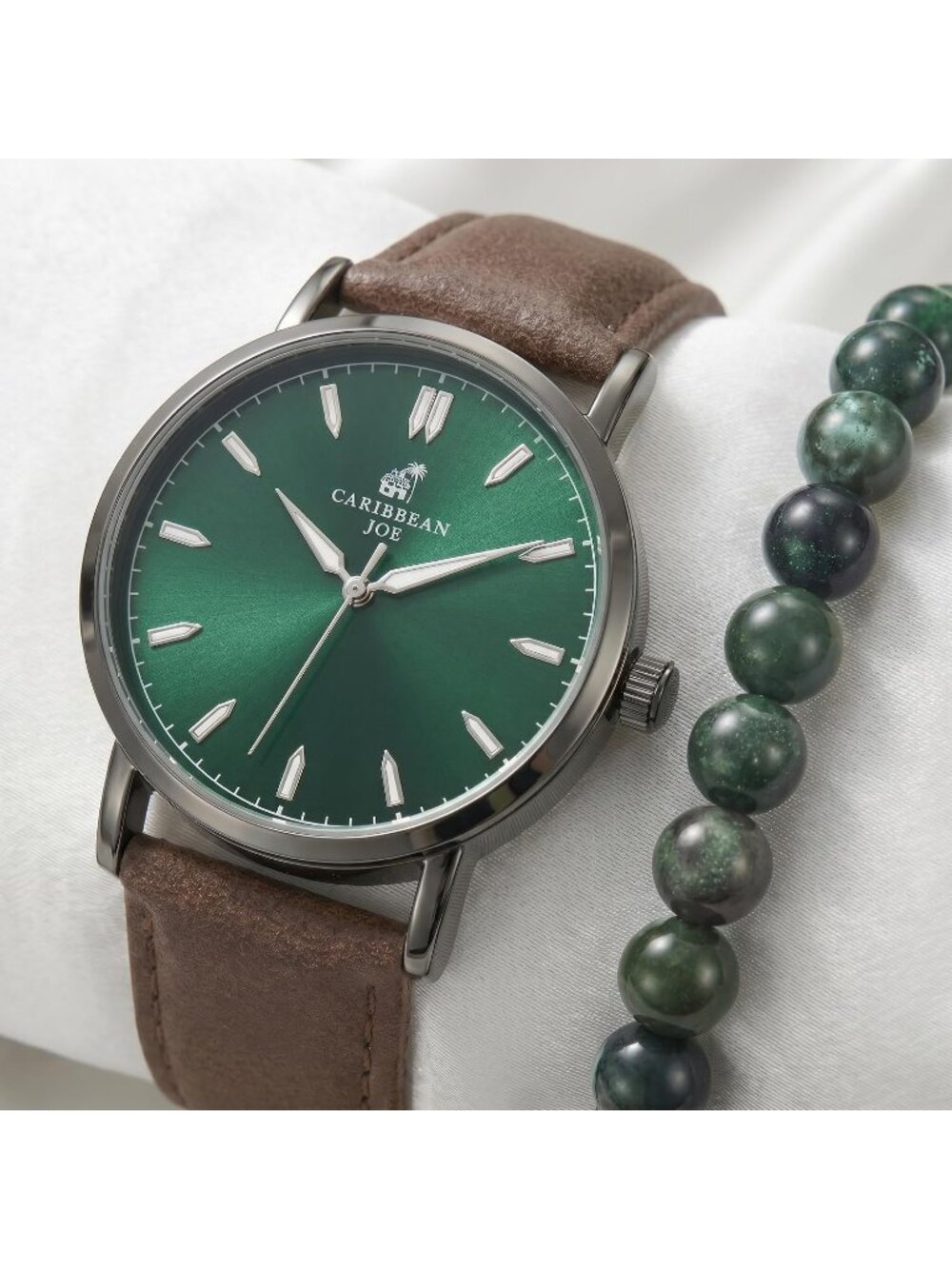Men’s Green Brown Metal Case Beaded Bracelet Set Sunray Dial Wrist Watches - Picture 2 of 6